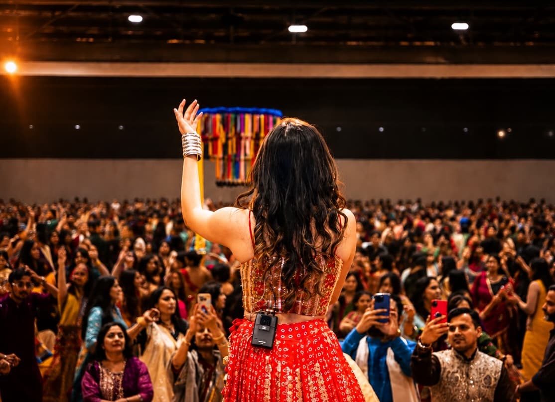 Kavya Limaye performing to a packed Garba crowd at Navratri 2026 in Adelaide